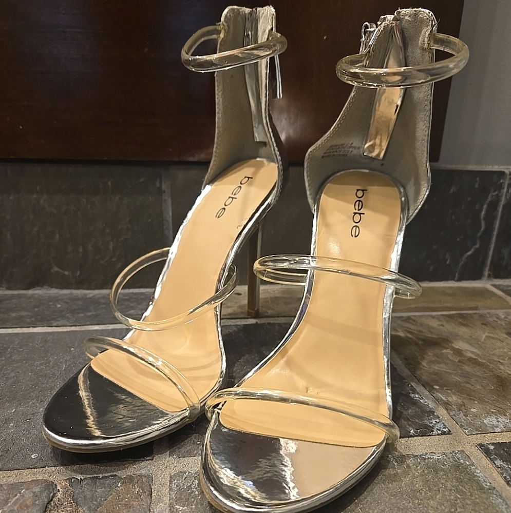 Bebe & Co. Metallic Silver Ankle Strap Heels SIZE 9